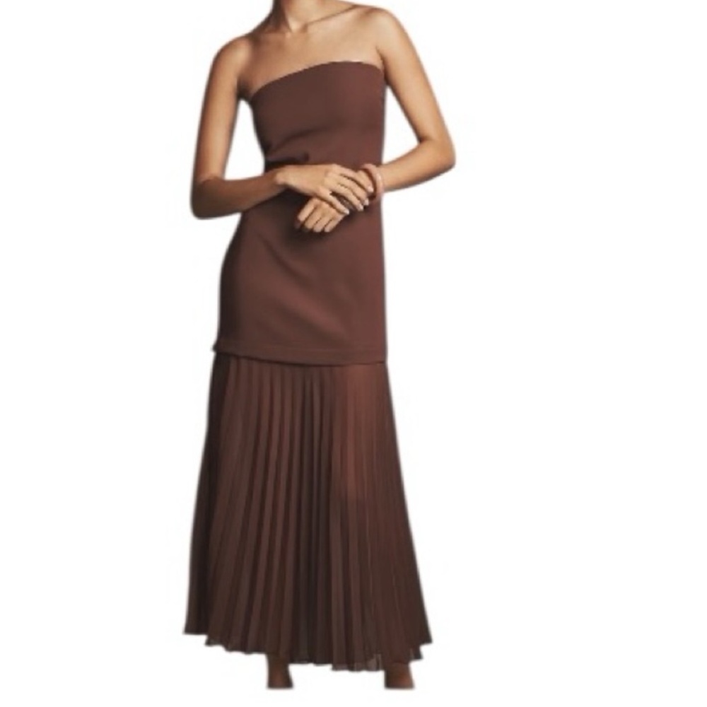 Anthropologie Strapless Twofer Pleated Midi Dress Brown Sheer Hem Size Med NWT